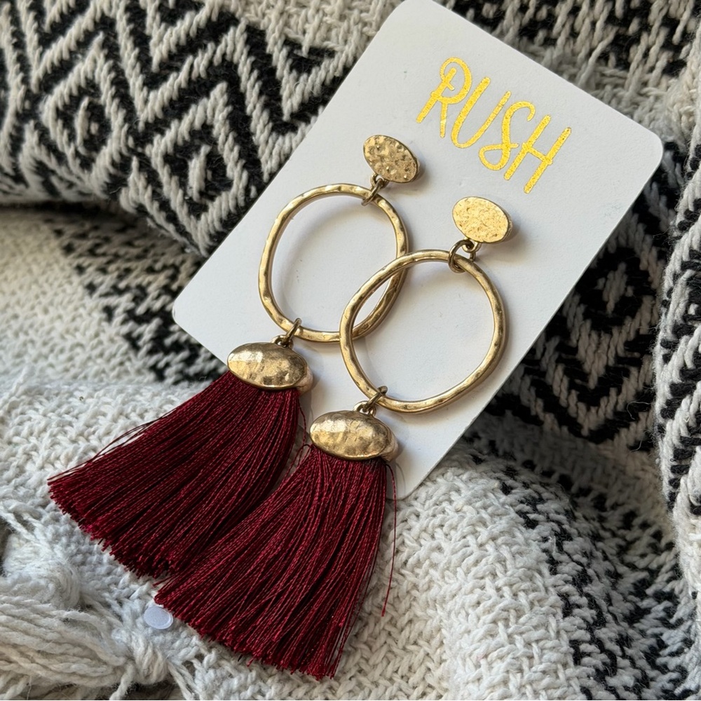 RUSH | Fashion Statement Gold and Burgundy Tassel Earrings